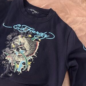 Ed Hardy Navy Sweatshirt with Turquoise Koi Graphic